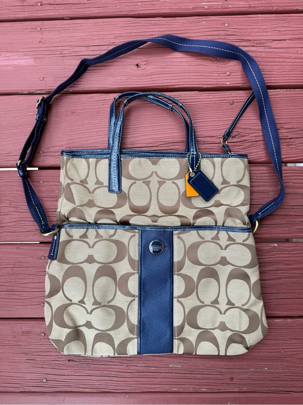 Navy Coach Beige Signature Canvas Tote